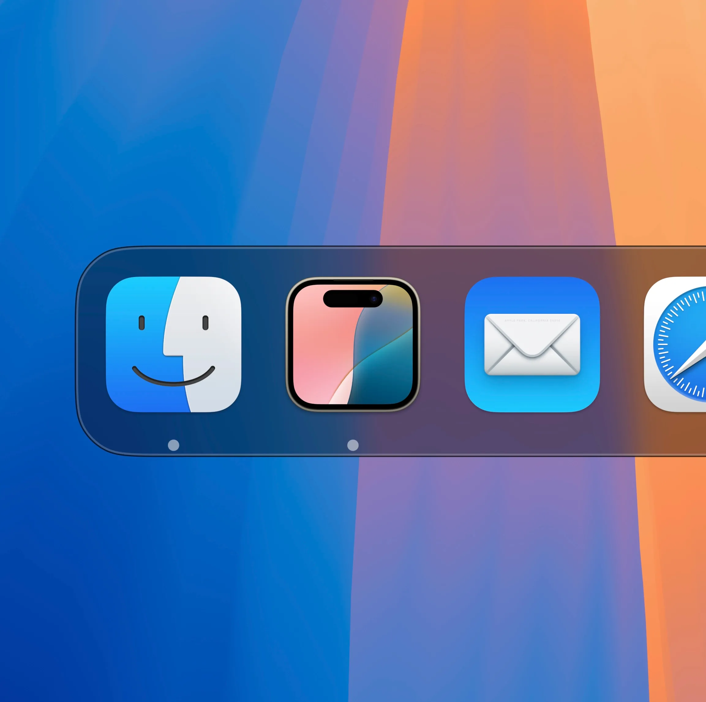A closeup of the macOS Dock, showing Finder, my new icon, Mail, and Safari.